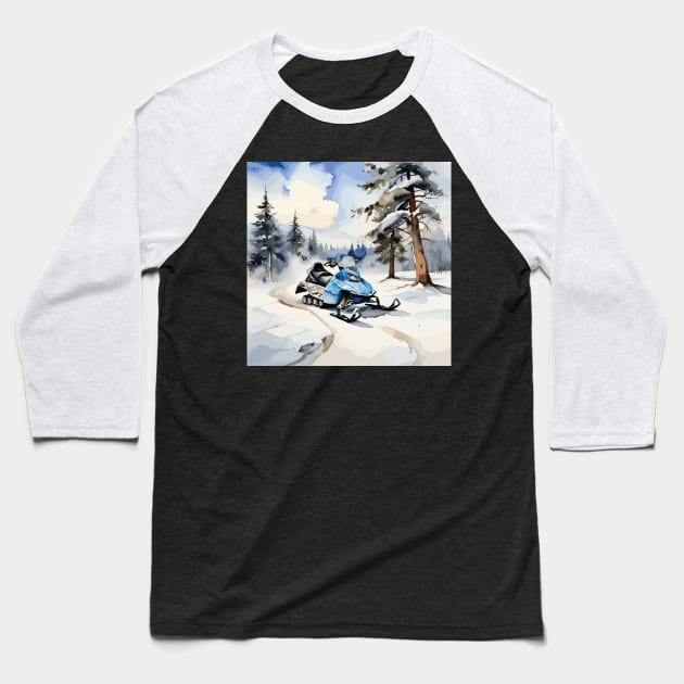 Sky Blue Snowmobile Baseball T-Shirt by Siha Arts